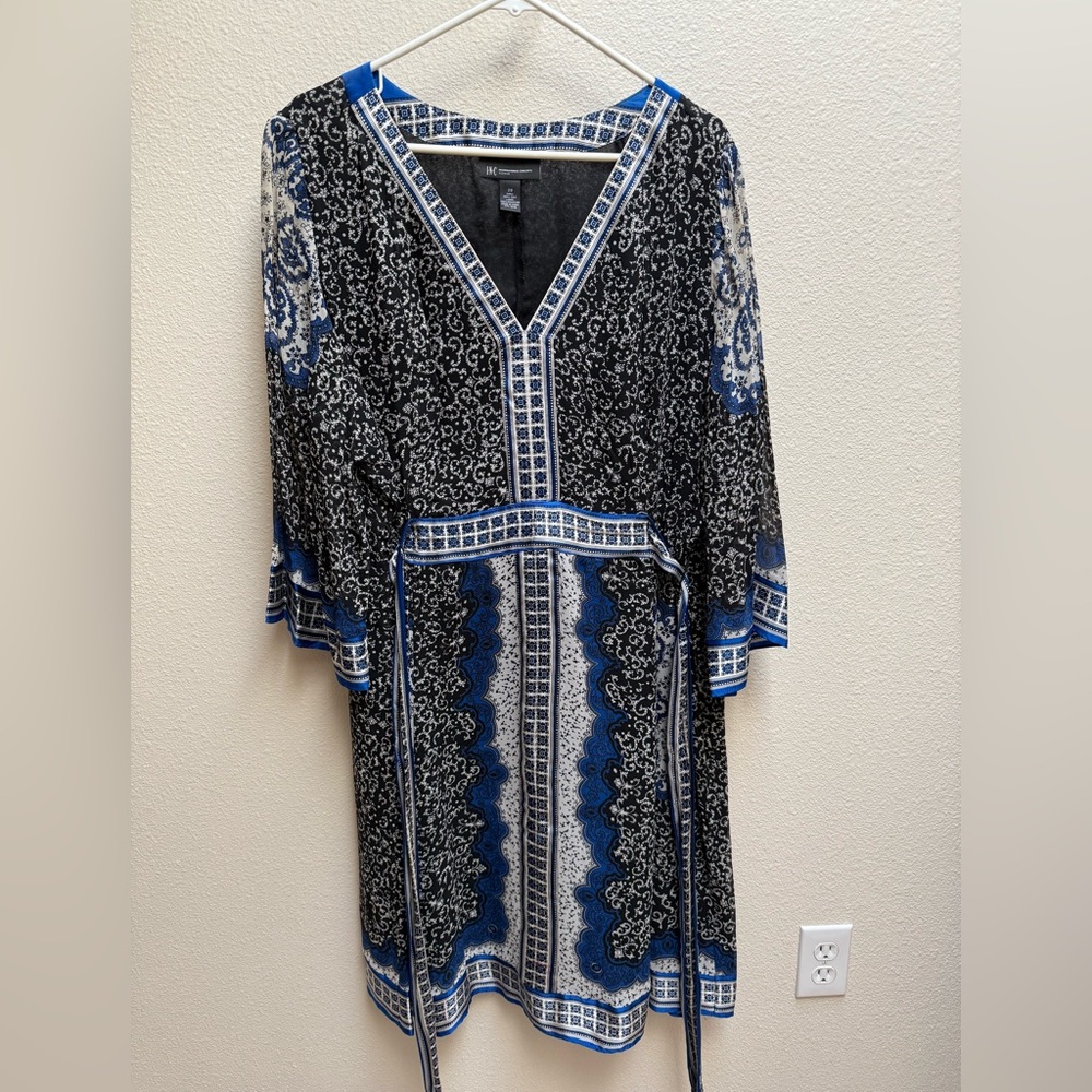 INC Silk Black and Blue Long Sleeve Dress